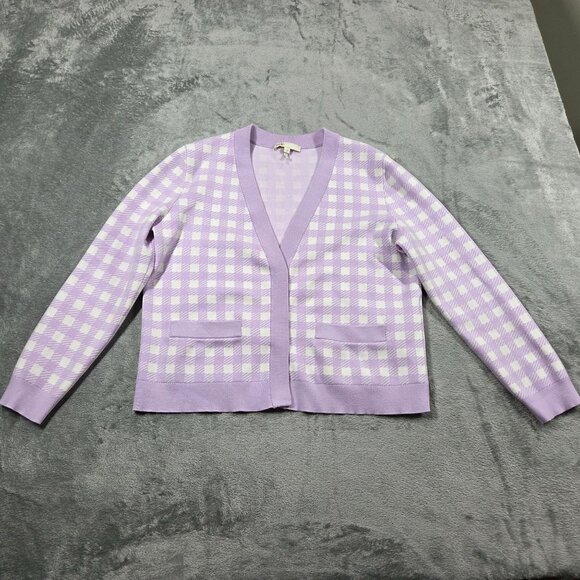 Maje Mystyle Cardigan Size 4 XL Purple White Gingham Check Preppy Sweater - Picture 2 of 14